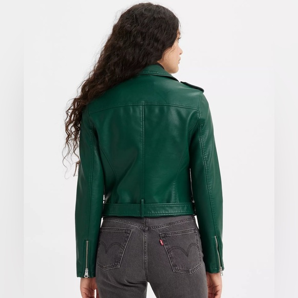 Levi's Motorcycle Jacket Women' Size S Teal Blue Faux Leather Belted Buckle Moto - Picture 7 of 9